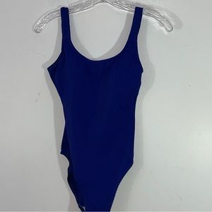 Vintage BALTEX Blue Jacquard Square Neck Cut-Out One Piece Swimsuit, Size 10